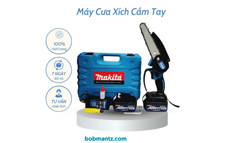 Máy cưa xích cầm tay Makita 199V sử dụng pin thay vì động cơ xăng truyền thống, mang lại nhiều lợi ích về mặt tiện lợi và thân thiện với môi trường